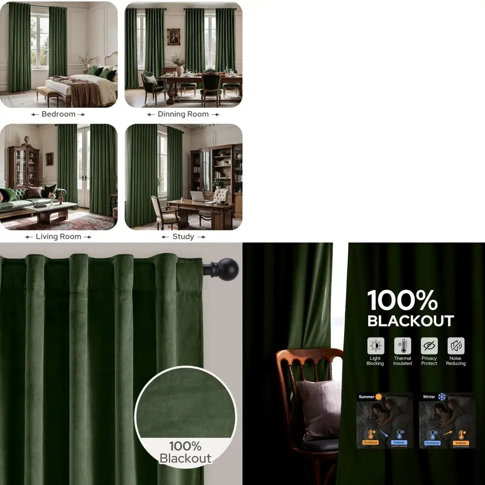 럭셔리 암막 올리브 그린 벨벳 커튼, 52x84, 단열, 빈티지 크리스마스 스타일, 침실 및 거실용