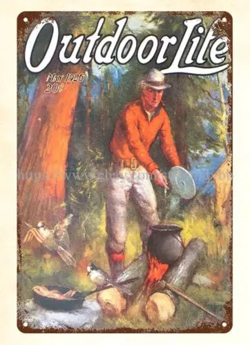decoration 1926 Outdoor Life fisherman campfire fishing camping metal tin sign