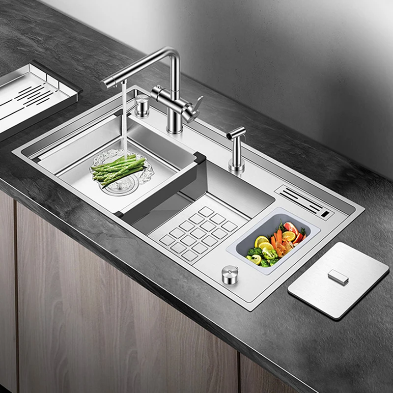 ASRAS Large Size SUS 304 Stainless Steel Kitchen Stepped Sink 4mm Thickness 220mm Depth Handmade Brushed With Trash Can Sinks