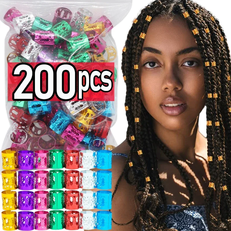 100/200pcs Colorful Dirty Braids Beads Hairpin Gold Silver Dreadlock Hair Rings Cuff Clips Braids Hip Hop Headwear Accessories