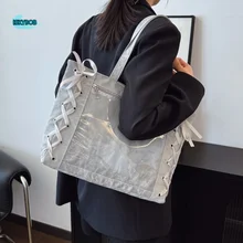 Creative Lace-up Simple Itabag Badge Display PU Transparent Pocket Tote Bag Cross Ribbon Solid Color Shoulder Bag Children