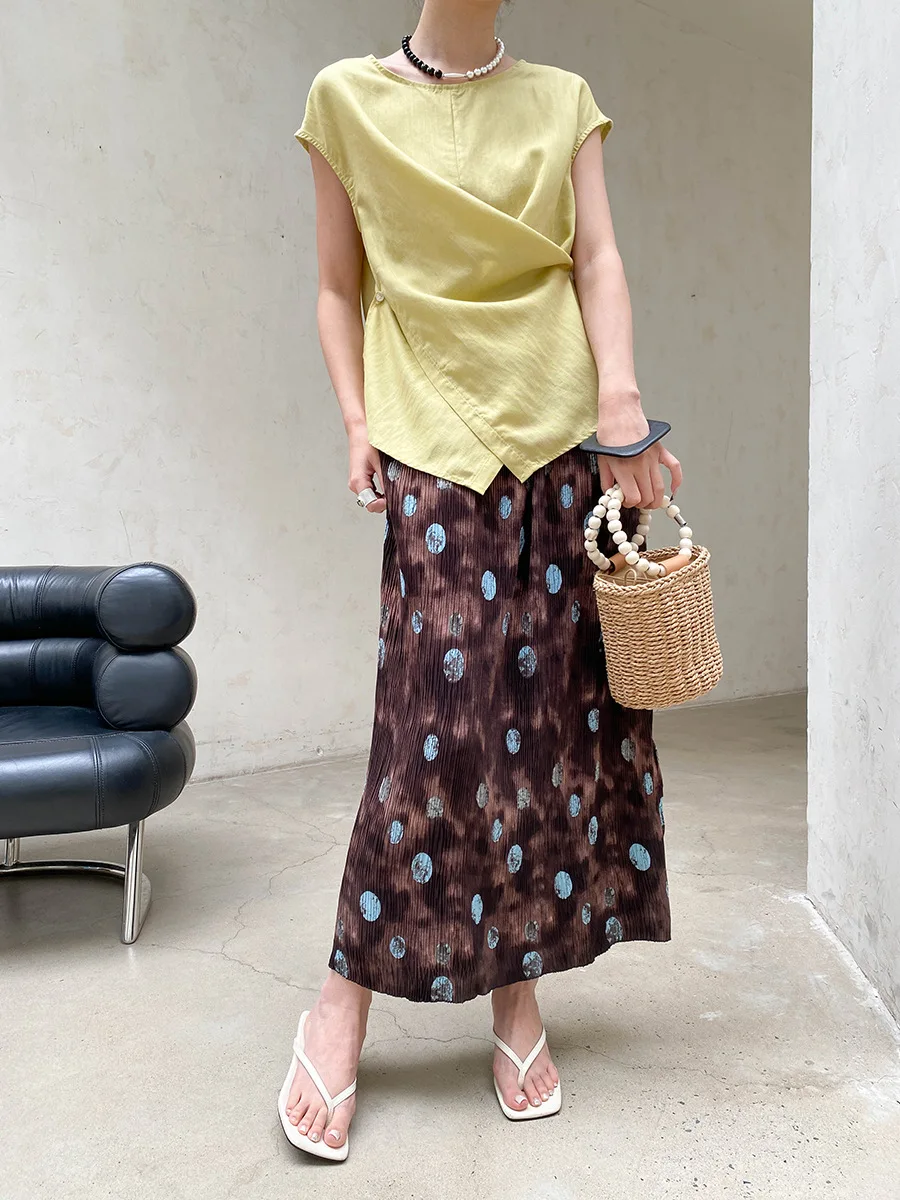 Sommerlicher Damenrock mit elastischem Bund, plissierter Textur, Retro-Print und geradem Schnitt – Detail 9