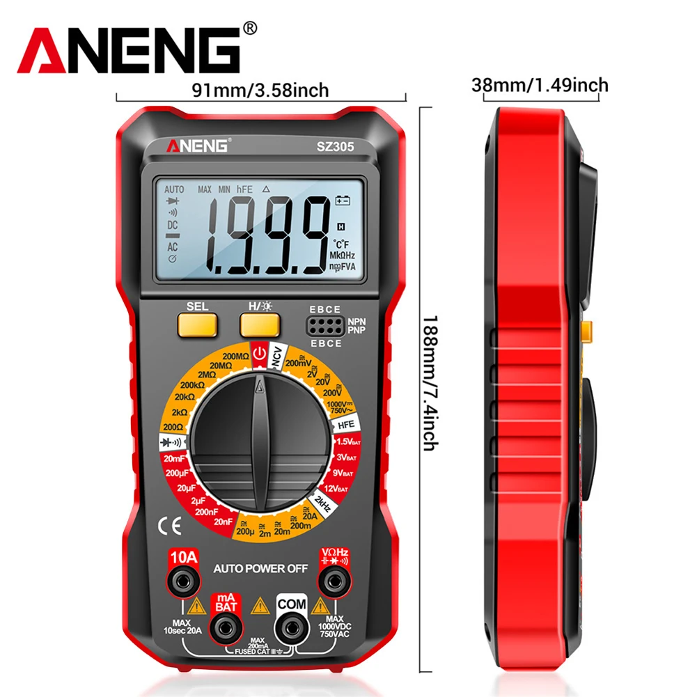 ANENG SZ305 1999 Count Professional Multimeter AC/DC Voltage Tester Ammeter Capacitor hFE Triode Hz Detector Electrician Tools