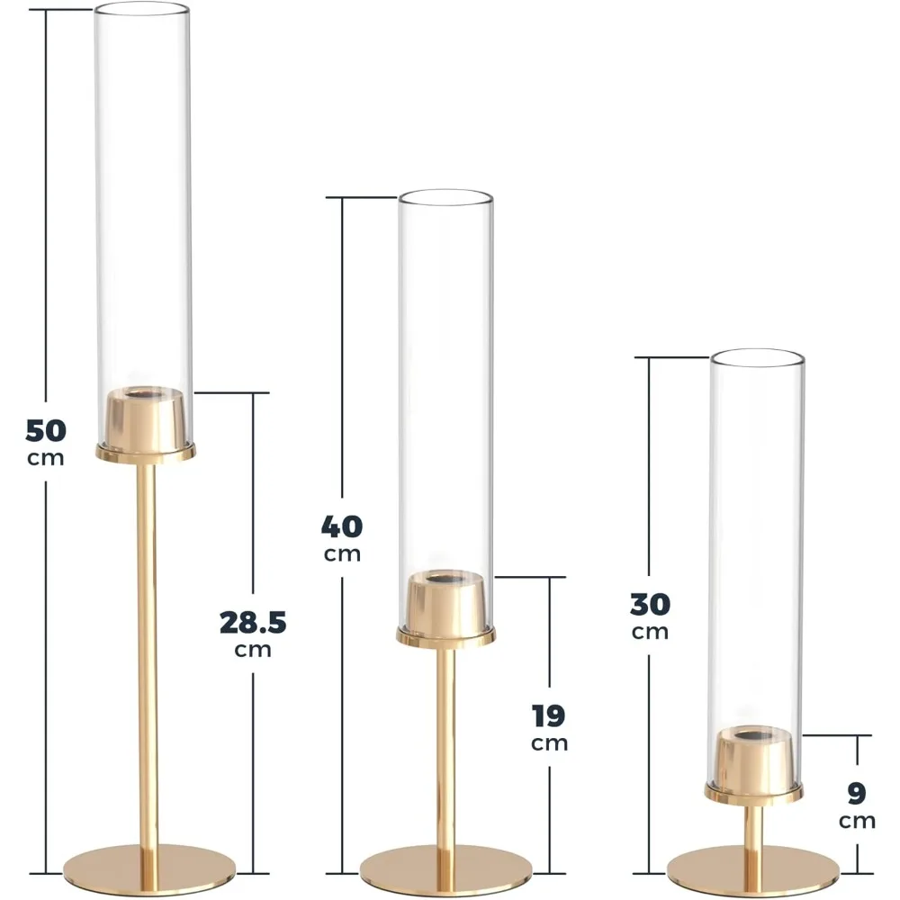 21 Pack 23.6 & 21.7 & 19.7 in Tall Gold Hurricane Candlesticks Holder with Glass Cylinder Cover - Candle Holders