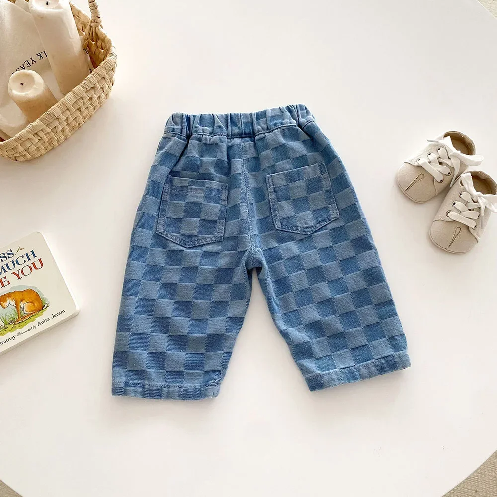 Children\'s Jeans 1-5Y New 2024 Autumn Boys Plaid Denim Pants Loose Style Mid Waist Girls Checkerboard Trousers