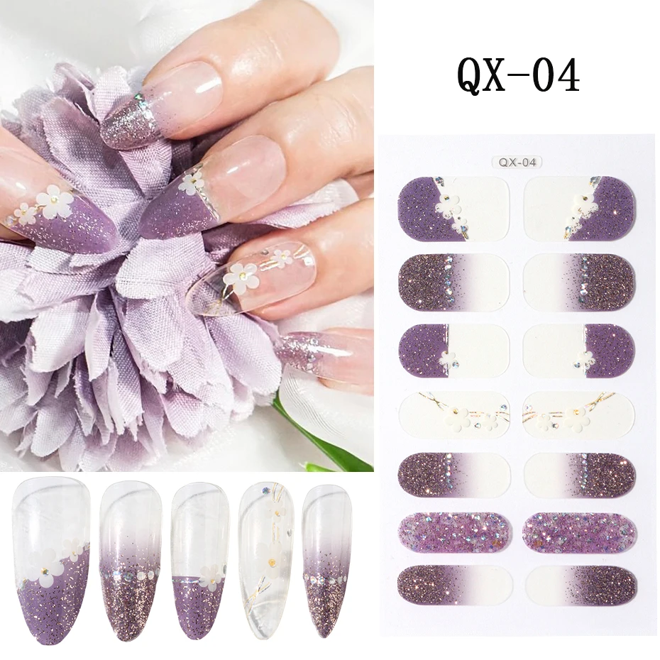 Glitter bloemen lente ontwerp semi-uitgeharde UV gel nagelsticker volledige dekking UV/LED-lamp vereist gel nagelstrips druk op nagelsticker