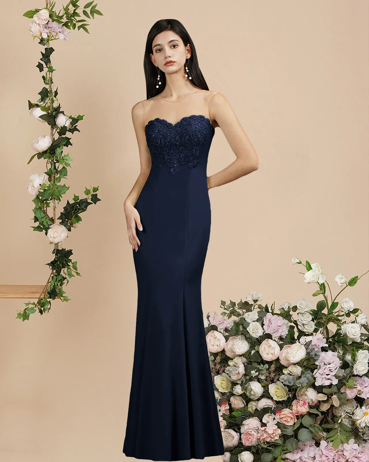 

MisShow Bridesmiad Dresses Sweetheart Illusion Neck Lace Appliques Navy Blue Maxi Gowns Women Mermaid Vestido de Festa