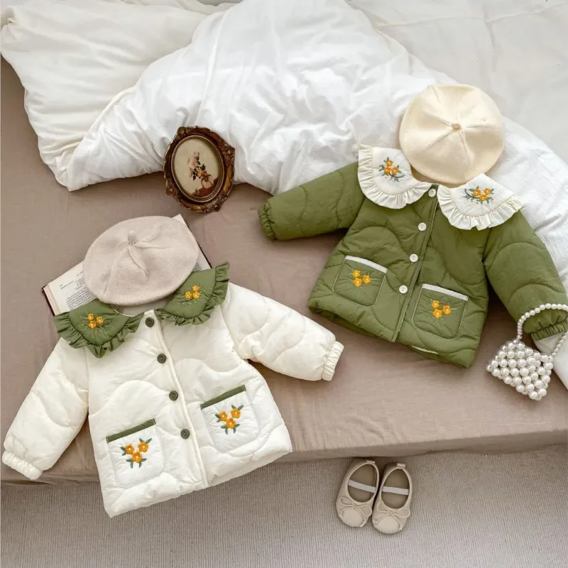 2024 Baby Girls Winter Coats Beautiful Flowers Embroidery Kids Children Thick Warm Overcoats Birthday Princess Clothes