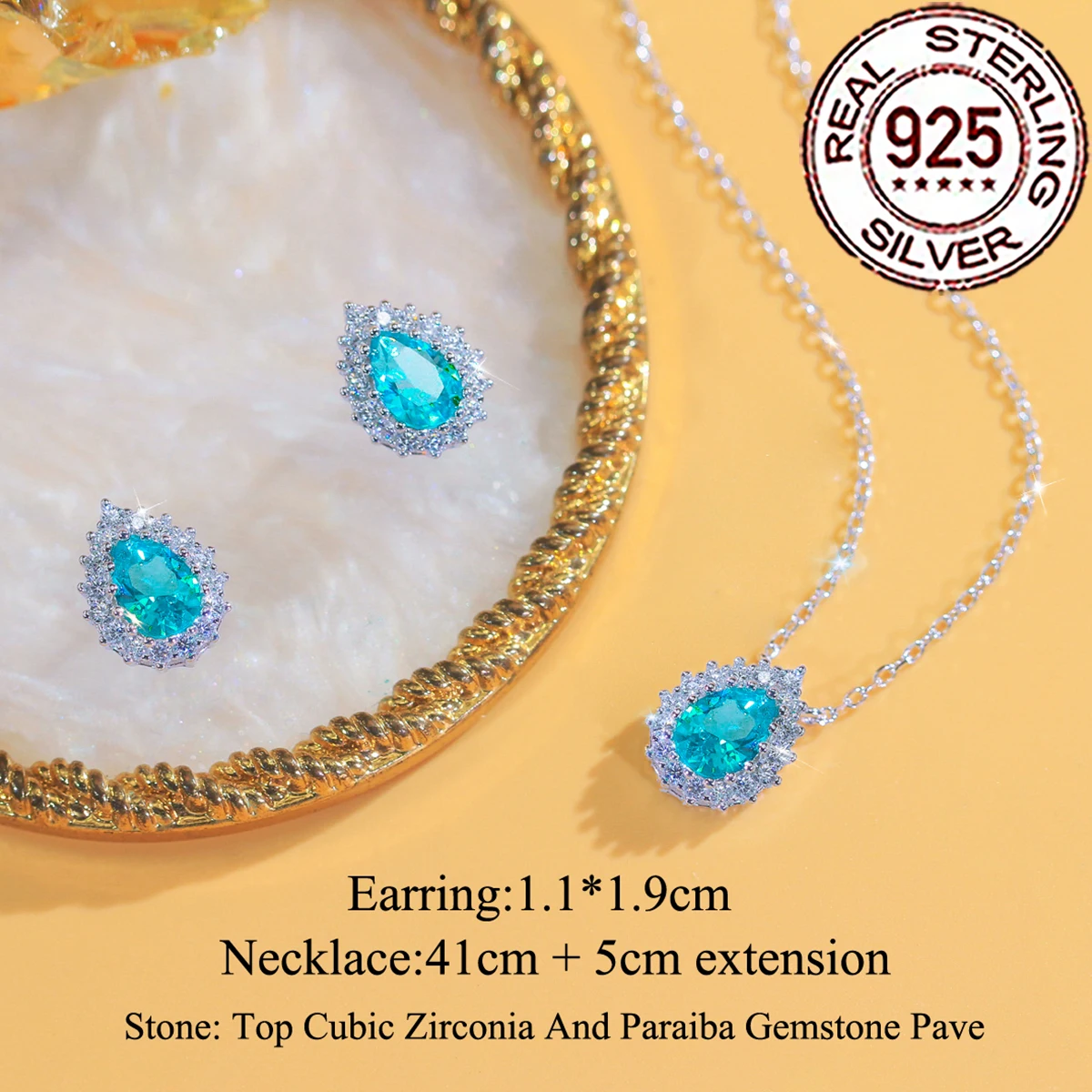 QooLady 925 Silber Luxus Grüner Paraiba-Edelstein und CZ Anhänger Halskette Ohrring-Sets für Damen Hochzeit Party Edelschmuck ST056 – Detail 1