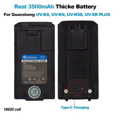 Real 3500mAh Quansheng UV-K5 UV-K6 Walkie Talkie Thicke Battery 18650 Cell Type-C Charging UV-K58 UV-5R PLUS Replacement Battery