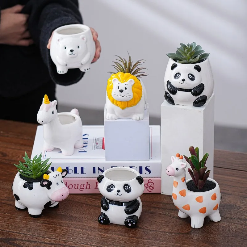 Nordic Cute Cartoon Animal Succulent Flower Pot Featuring Owls Pandas Giraffes Ceramic Vase Adorable Animal Plant Pot Home Decor