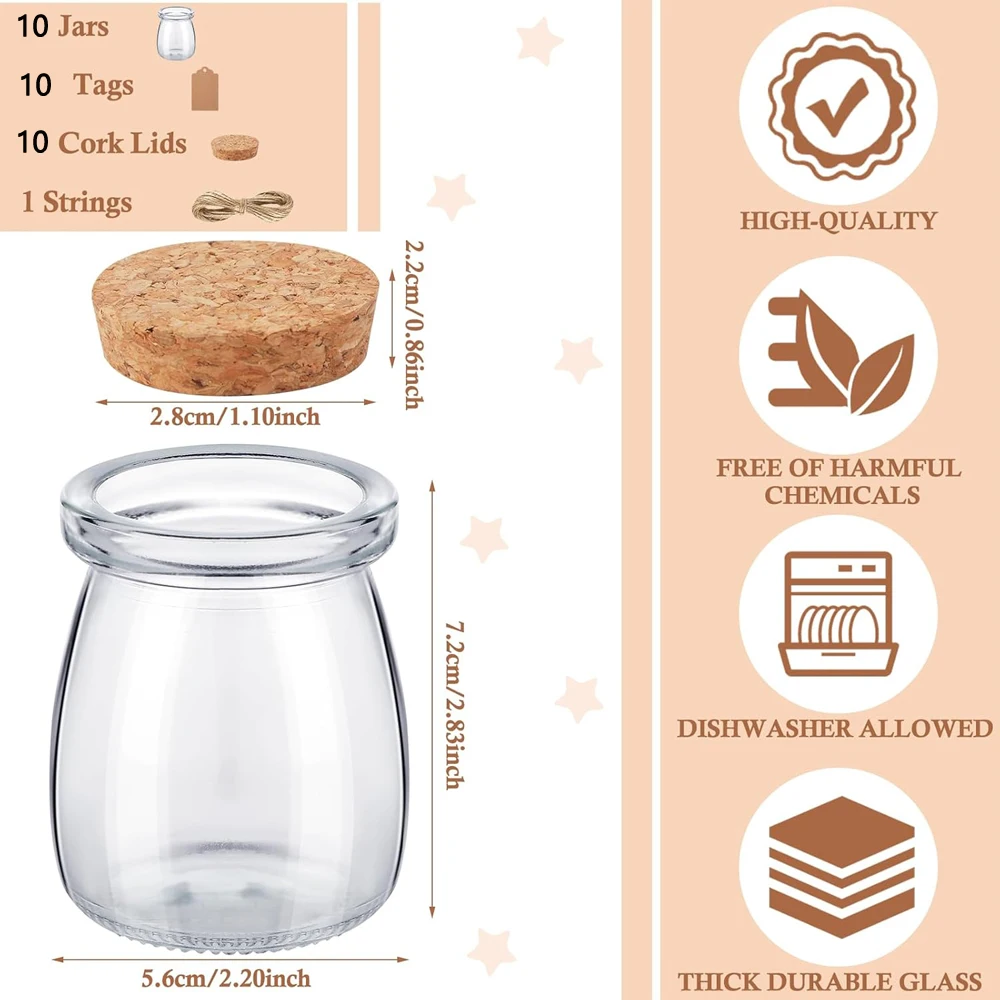 برطمانات زجاجية مع غطاء من الفلين 3.4 أونصة زجاجات زجاجية صغيرة مع ملصقات حاويات حلوى خيوط لحفلات الزفاف والبودنغ