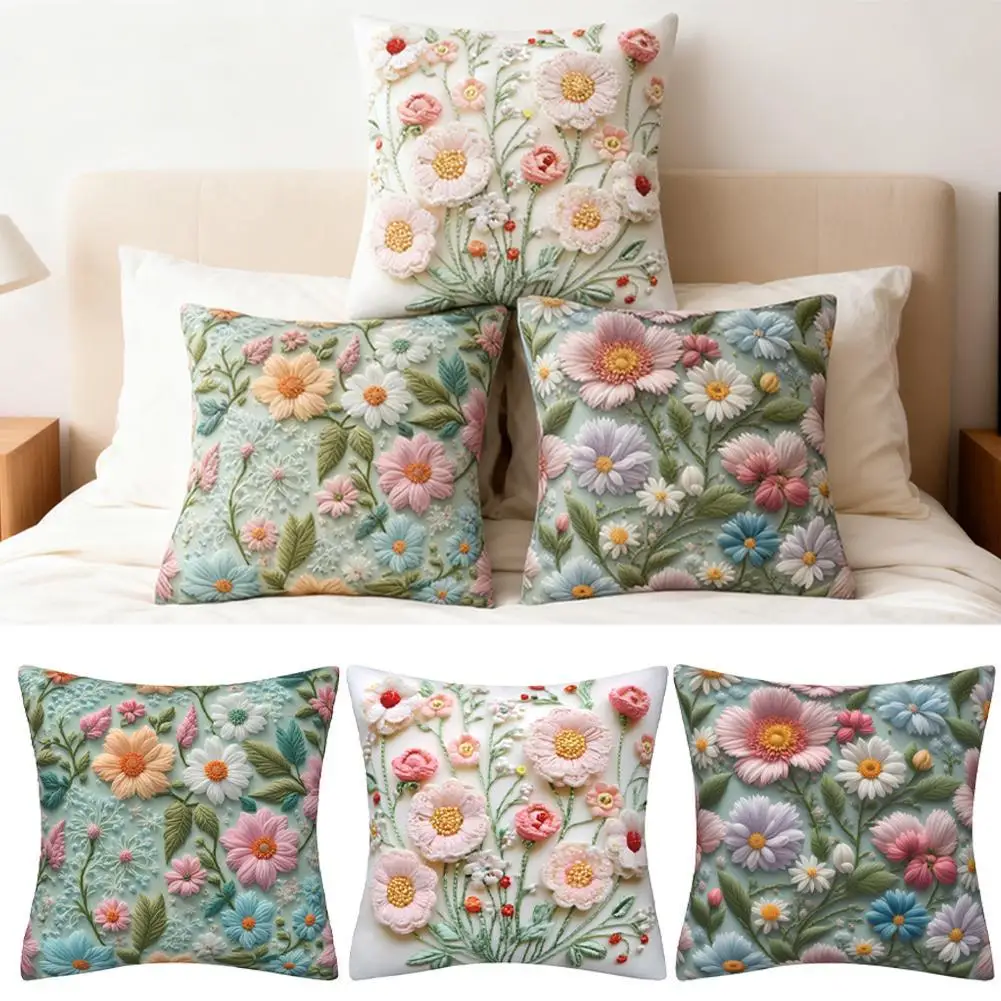 

Floral Embroidery Pillow Cover Hidden Zipper Vibrant Textured Design for Sofa Bedroom Outdoor Decor 45x45cm