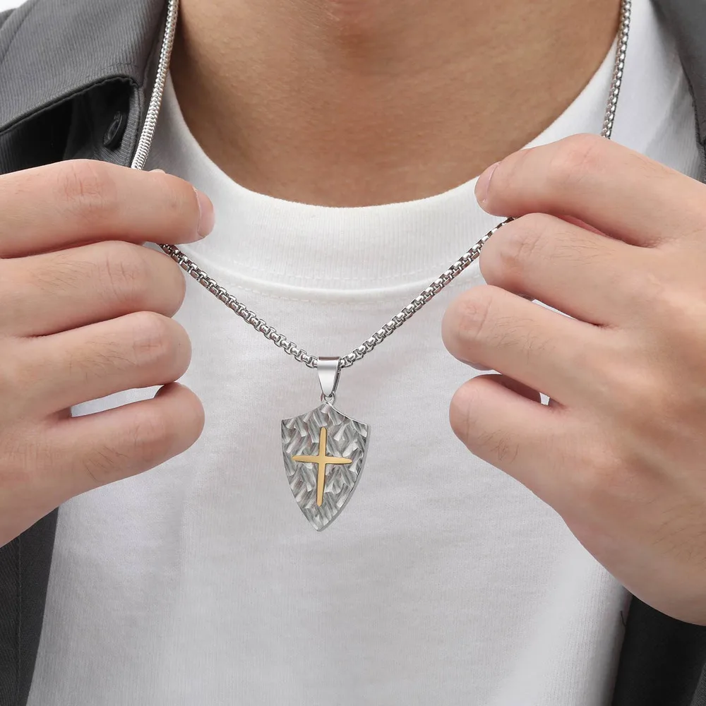 Exquisite Shield Pendant Necklaces for Men Boys,Stainless Steel Cross Image Necklace,Jewelry Gift for Husband Boyfriend Father