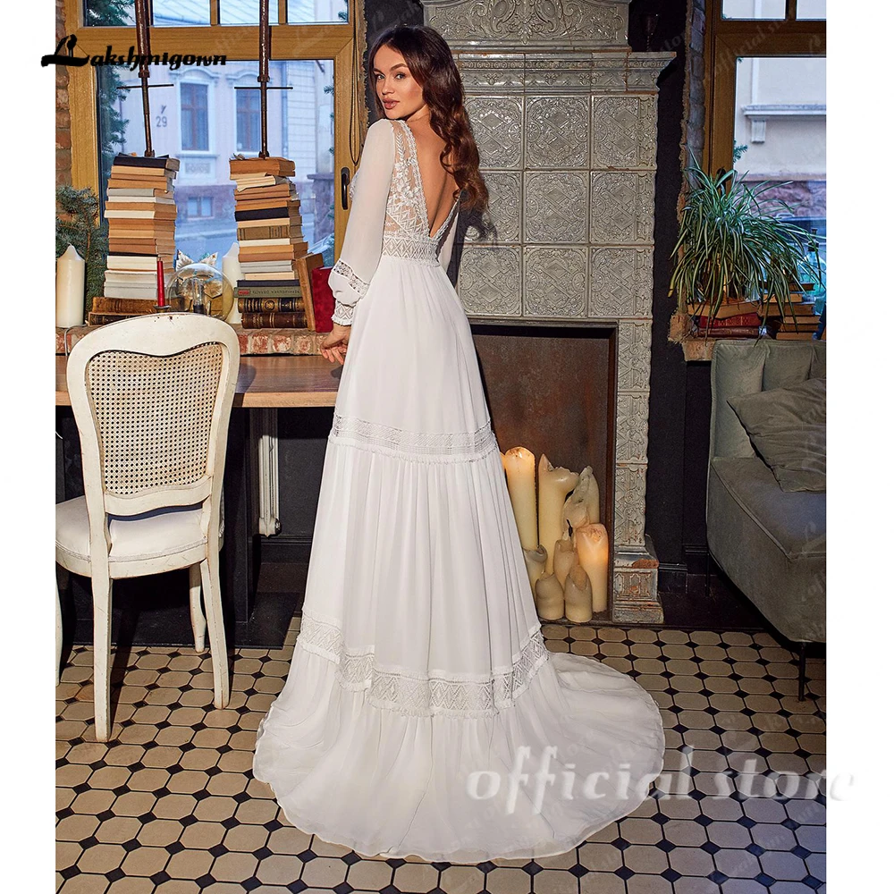 Lakshmigown Bohemian Boho Hochzeitskleid 2027 Neu Lange Puffärmel V-Ausschnitt Chiffon Spitzenapplikationen Schleppe Brautkleid Maßanfertigung – Detail 6