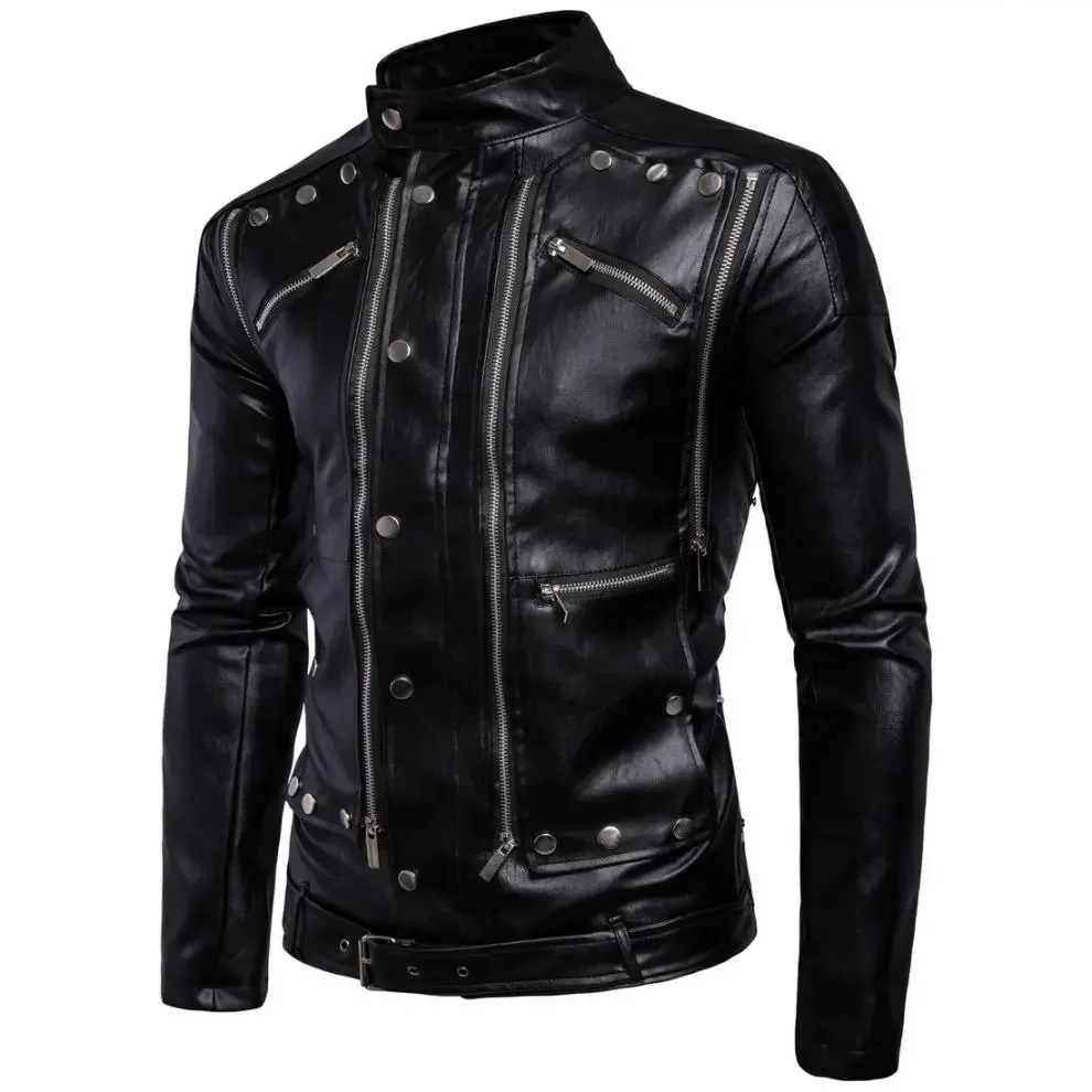 MaiDangDi European and American Fashion Trend Solid Color Standing Collar Men Motorcycle Multi Zipper Men's Leather Jacket