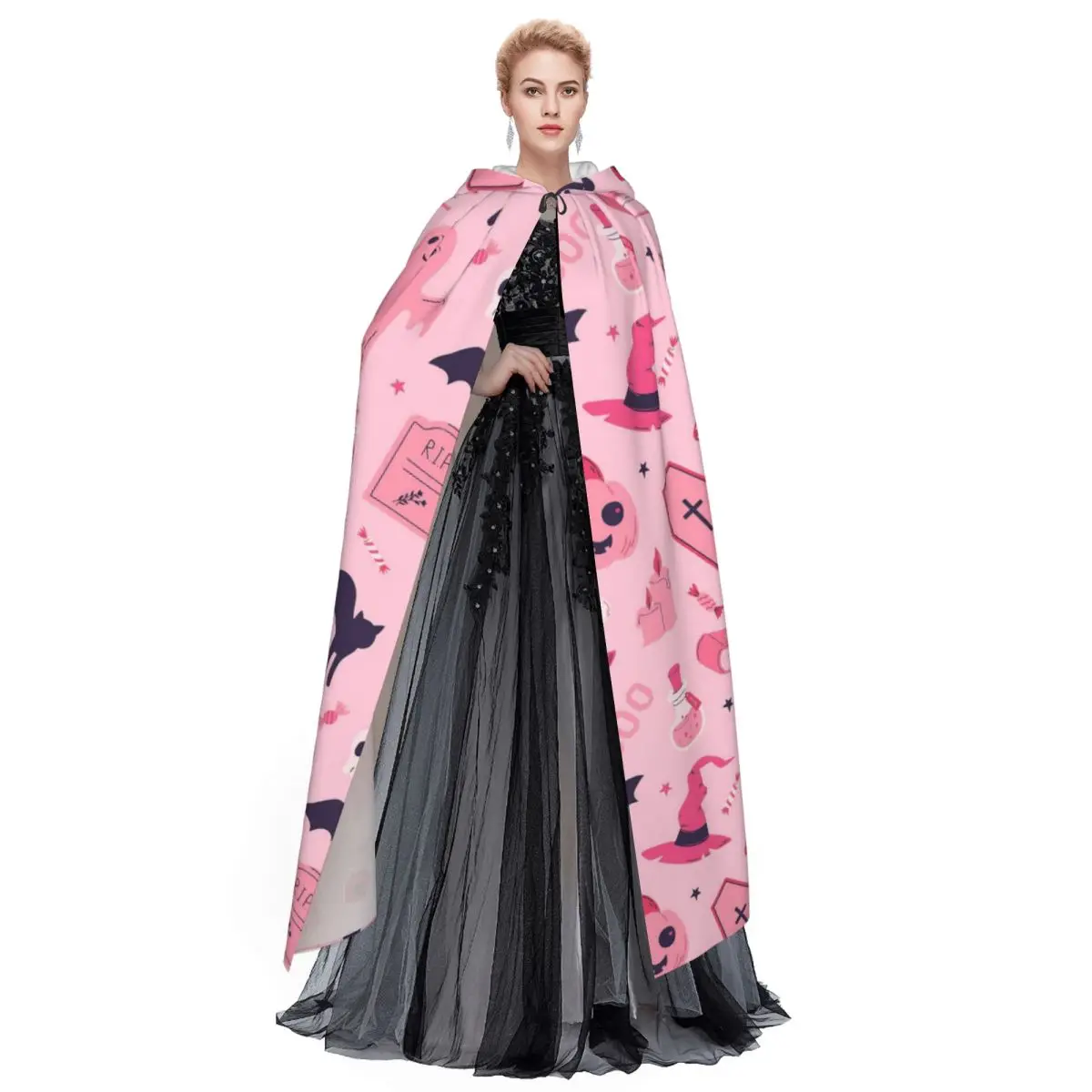 Halloween Gothic Cosplay Cloak Vampire Bats Cats Hooded Cape for Women Men view 3