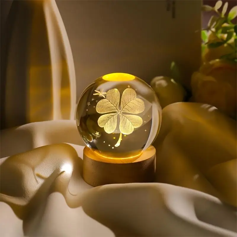6cm 3D Four Leaf Clover Crystal Ball USB Colorful LED Base ,for Bedroom,Living Room Decor,Lucky Gift for Girl,Wife,Mom,Couples