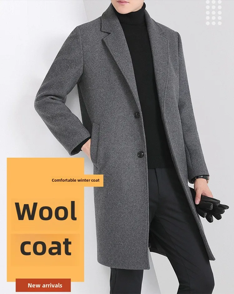 2024 Winter Wool Coat Casual Men's Fashion Trend Medium To Long Thickened Double Sided Woolen Windcoat Coat Trench Coat Men