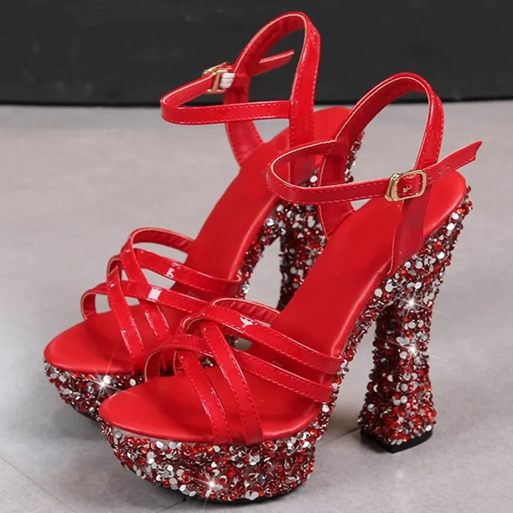 

Shiny Ctystal Platform High Heels Sexy Pointed Toe Patent Leather 18 Cm Hee Cross Tied New Arrivals Fashion Women Modern Shoes