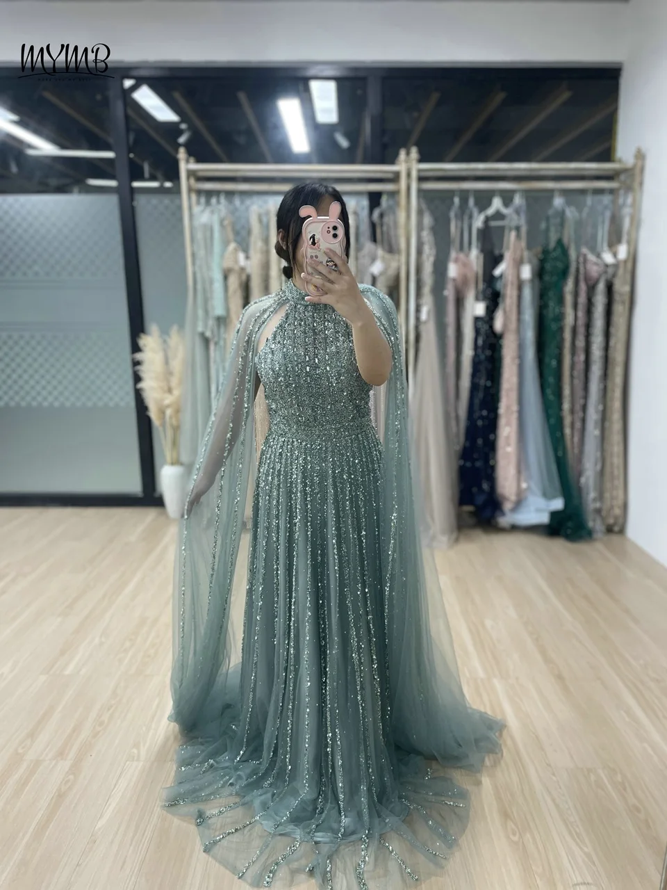 

MYMB Caramel Cape Sleeves A-Line Luxurious Women's Evening Dress for Special Occasions Dubai Elegant Beaded High Neck Party Gown