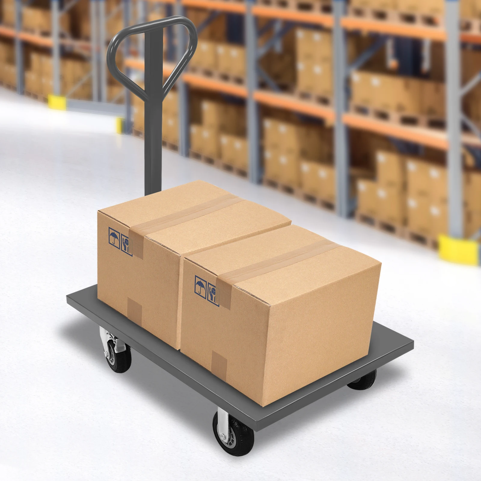 

2000lbs Industrial Flat Dolly Cart Heavy-Duty Iron Hand Truck with Brake Wheels & Spray-Molded Frame 37.48lbs Lightweight Gray