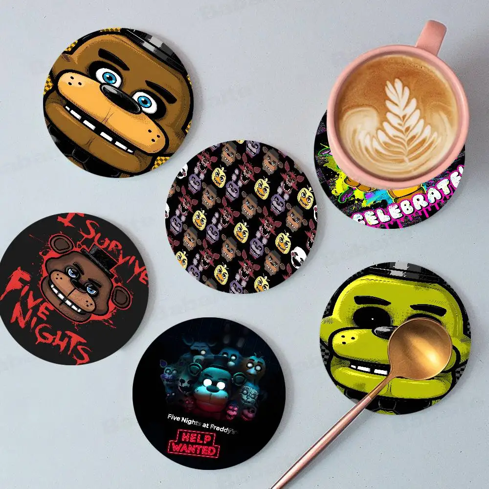 

Five N-Nights Anime F-Freddys Coasters Suitable for daily family gathering decoration, kitchen, anti-slip wooden coasters