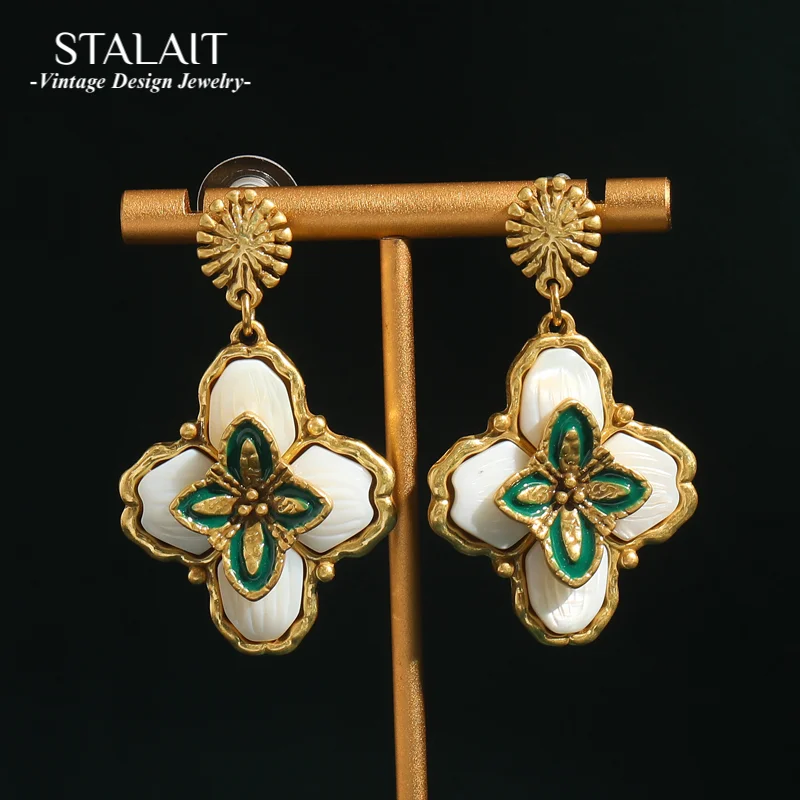 

Bohemia Shell Opal Stone Four Leaf Drop Earrings for Women Big Lucky Antique Vintage Gold Color Jewelry Gifts for Women Useful