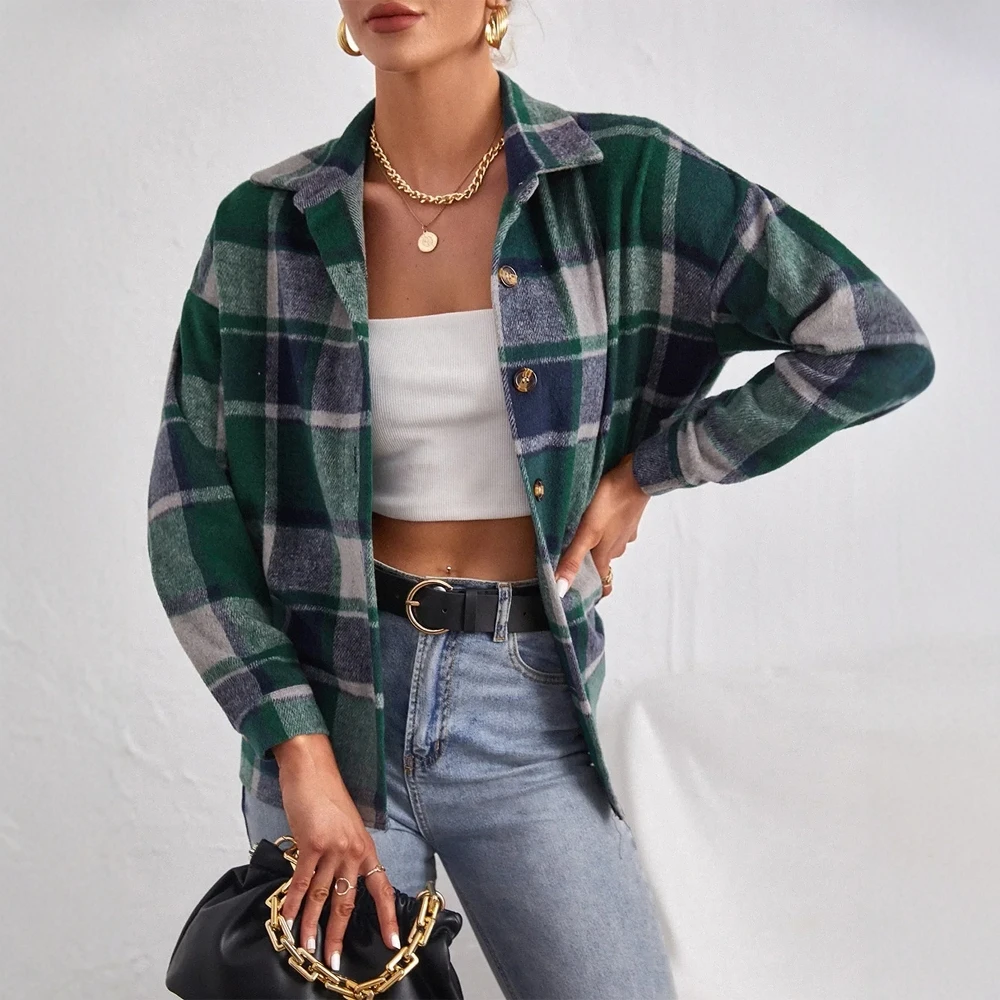 

UNIKTEE женская лоскутная клетчатая рубашка с длинными рукавами, осень-зима, шикарный воротник на пуговицах, базовый стиль для женщин
