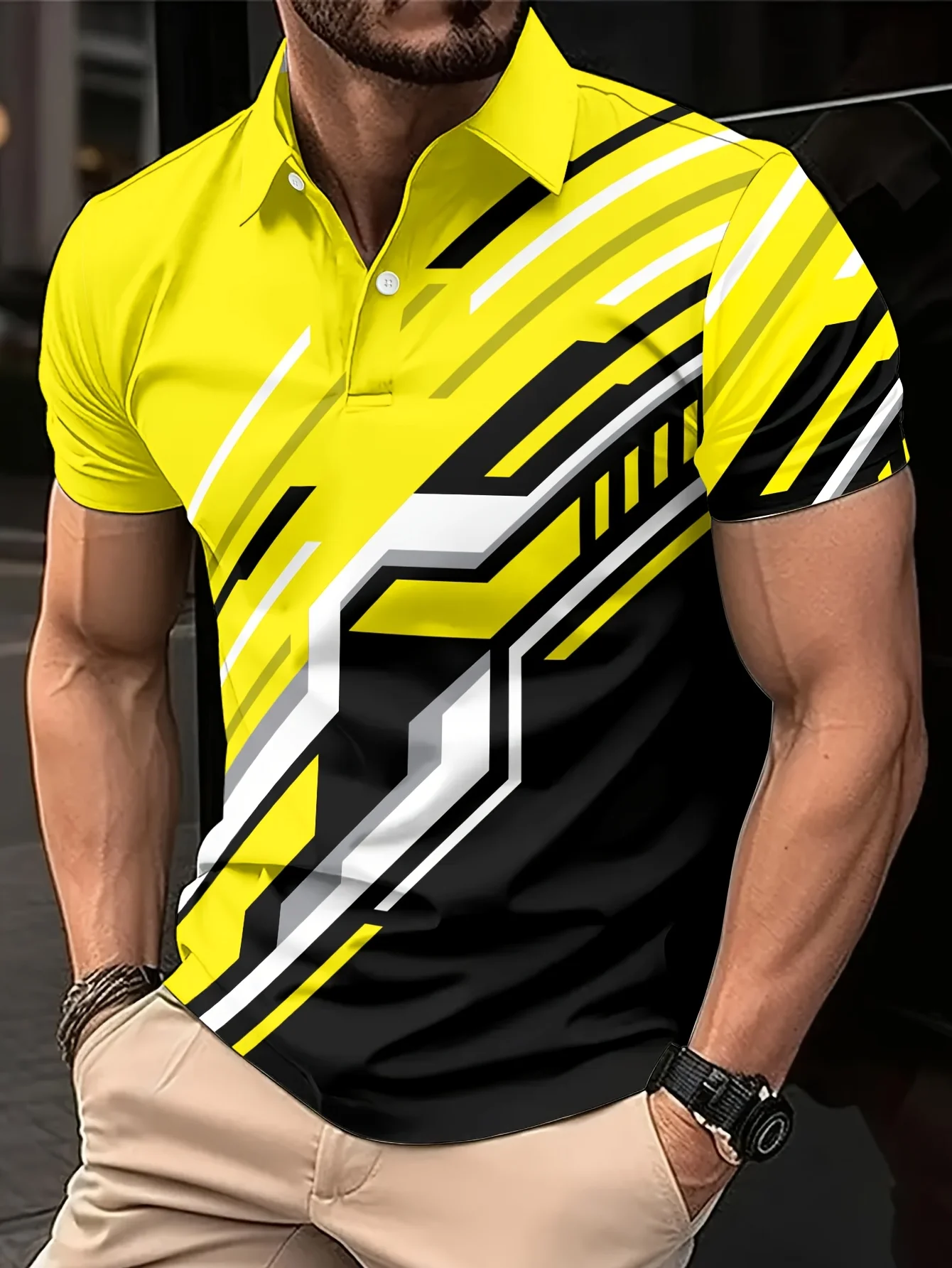 Men's 3D Print Yellow Black Geometric Stripe Techwear Short Sleeve Polo Shirt Streetwear