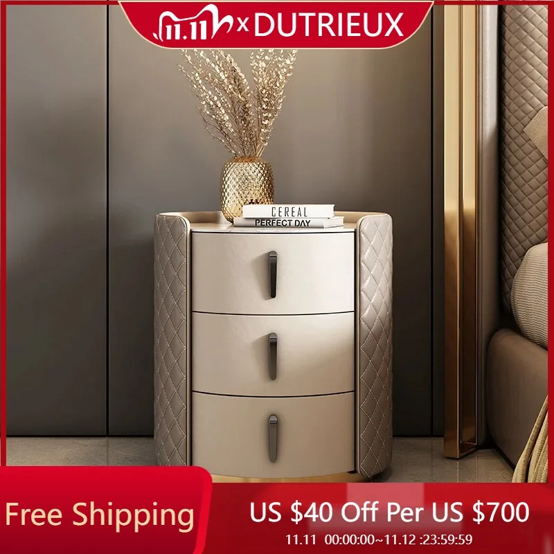 

Organizer Modern Nightstand Aesthetic Luxury Simple Leather Cheap Bedside Table Round Trendy Mesa De Cabeceira Home Furniture