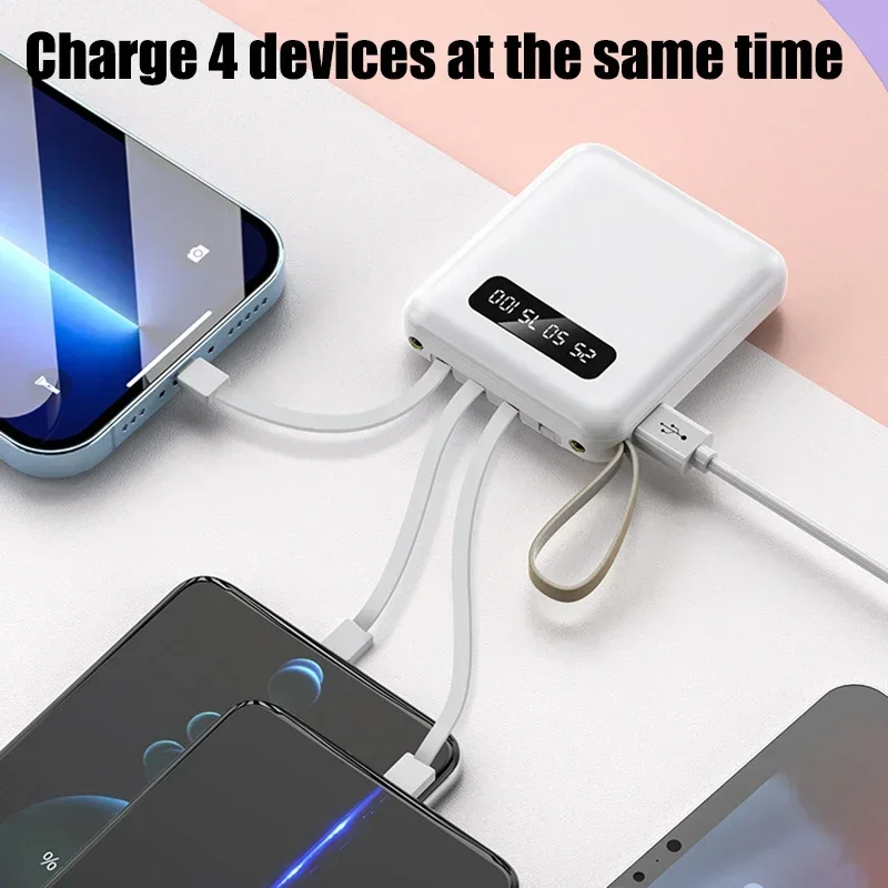 Lenovo 500000mAh Mini Power Bank Built in 4 Cables Portable Fast Charging Digital Display External Battery for IOS/Android  NEW - view 5