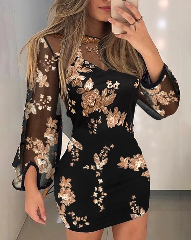 

Womens Dresses Summer Fashion Floral Pattern Contrast Sequin Sheer Mesh Sexy Round Neck Long Sleeve Skinny Mini Party Dress