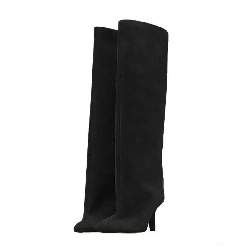 

Pop 2024 AW Women's Suede Square-Toe Equestrian Boots - Slim Stiletto Heel Wide-Calf Knee-High Retro Chic Footwear