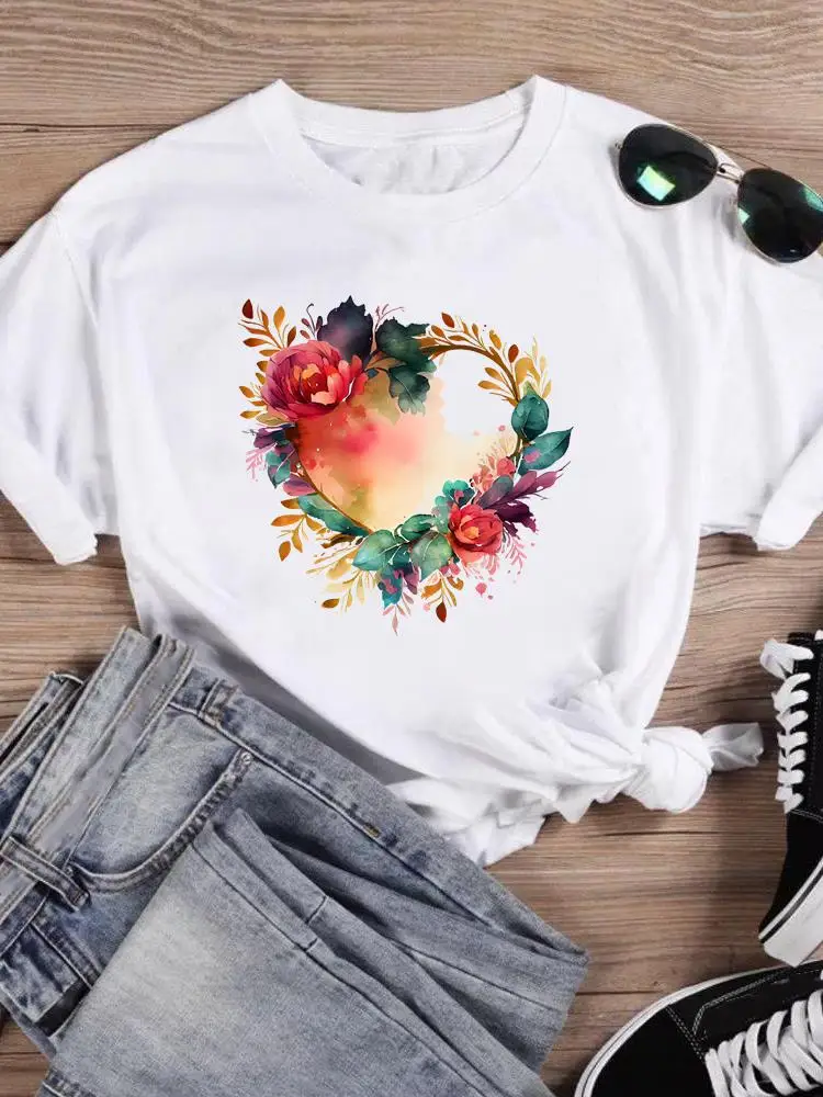 

Short Sleeve T-shirts O-neck Fashion T Top Print Women Love Heart Flower Cute Cartoon Shirt Female Clothing Graphic Tee