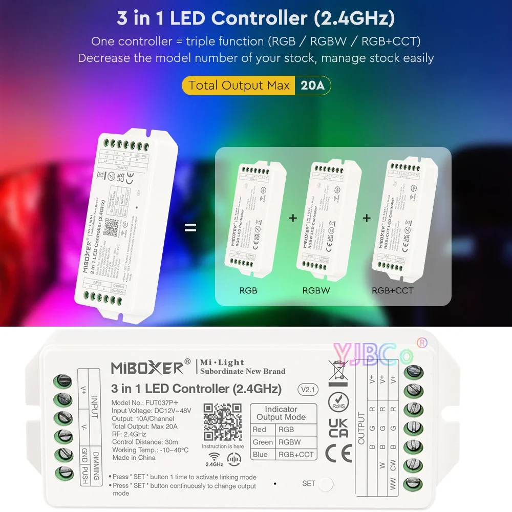 Miboxer 20A High Current Output 12V 24V 36V Single Color/Dual White/RGB/RGBW/RGB+CCT LED Strip Controller Lights Tape Dimmer