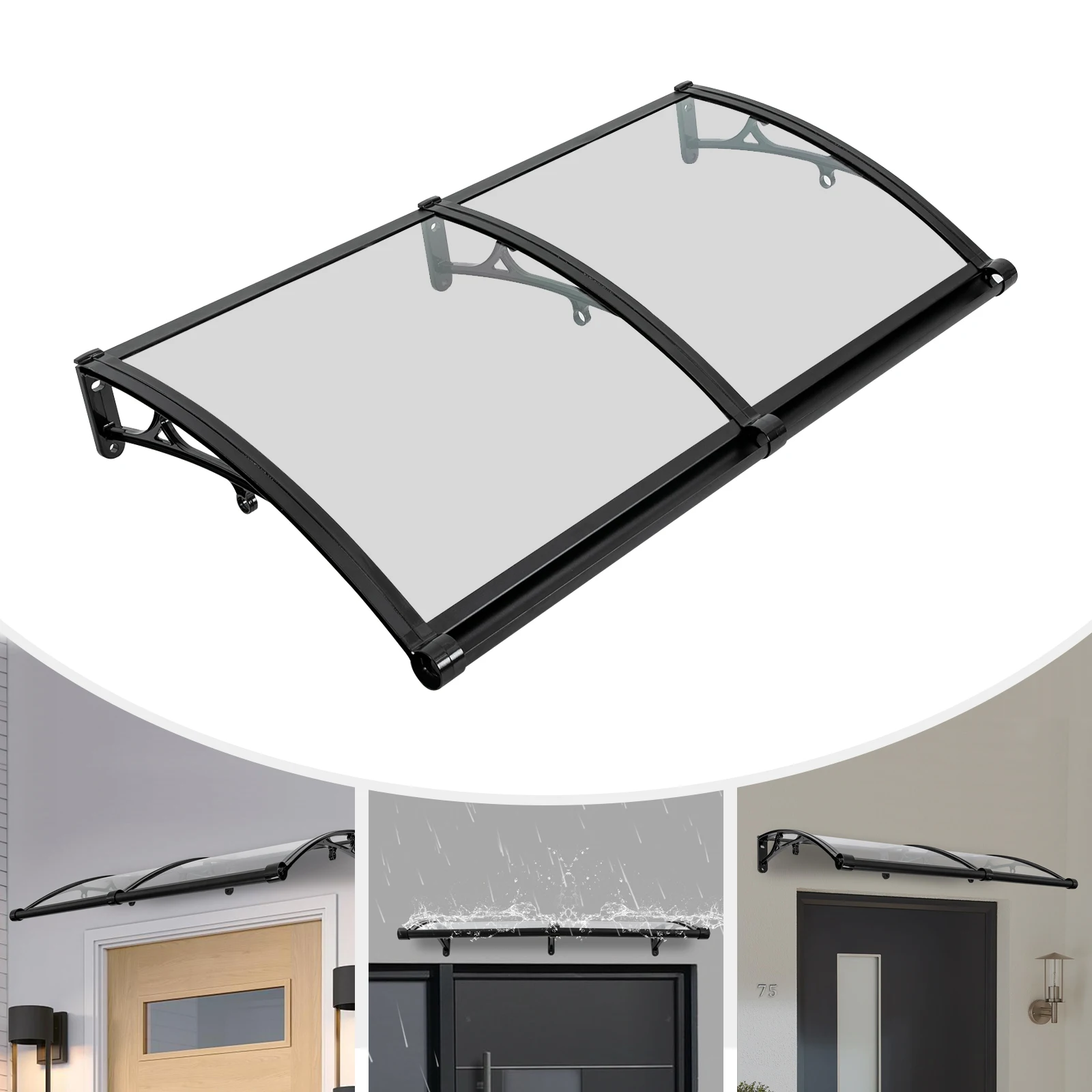 Toldo de ventana de 120x60cm, dosel de puerta arqueado transparente, refugio contra la lluvia con canalón de drenaje de lluvia, granizo, daños UV