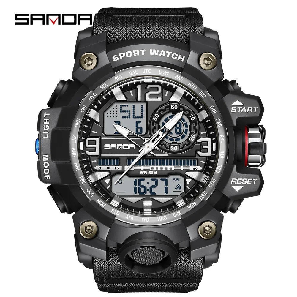 SANDA 3133 Waterproof Week Day Display Digital Analog Watch Alarm Mode Teenager Student Electronic Wrist Clock Trendy Fashion