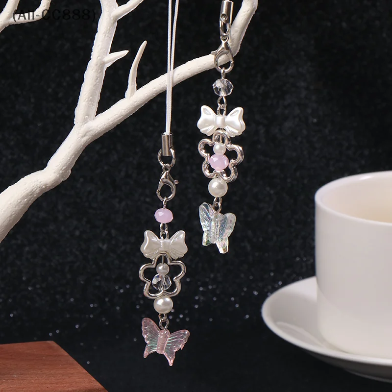 〔CC88〕 3D Butterfly Alloy Pearl Bow Cell Phone Chain Charms Bag Decoration Y2K