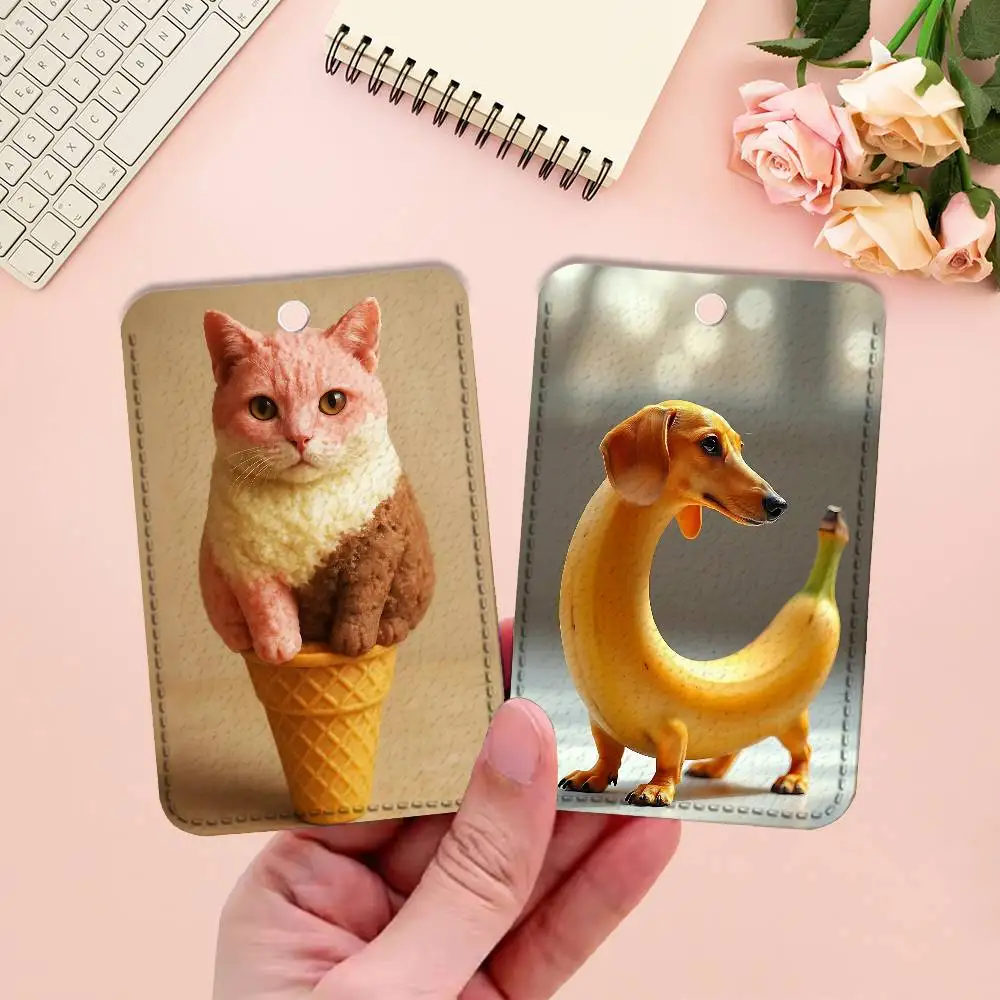 E-Exotic Animals And Fun Food Premium PU Leather Card for Daily Use Holder Card Case with Metal Carabiner Customizable Design