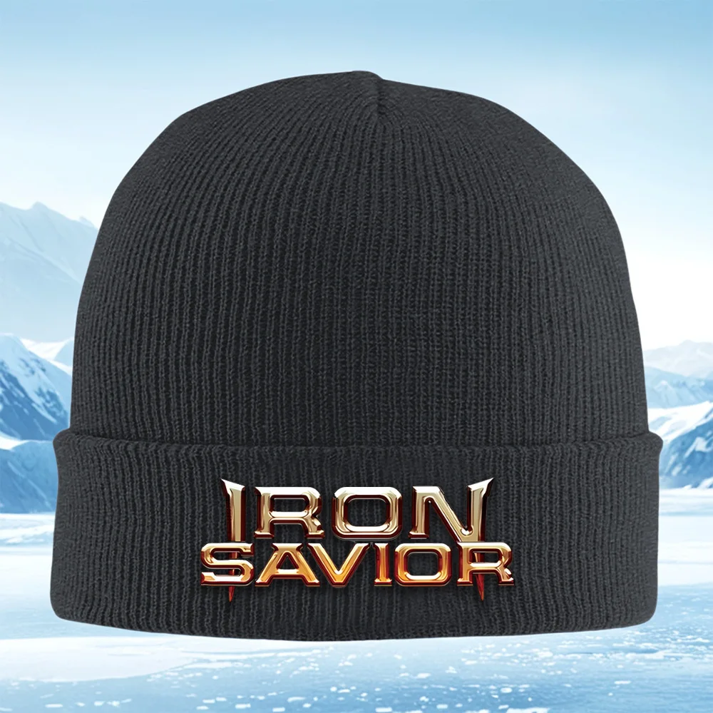 Iron Savior letras metálicas doradas hombres mujeres Unisex sombrero de punto gorro Jersey gorra invierno térmico cálido Navidad al aire libre Cycli