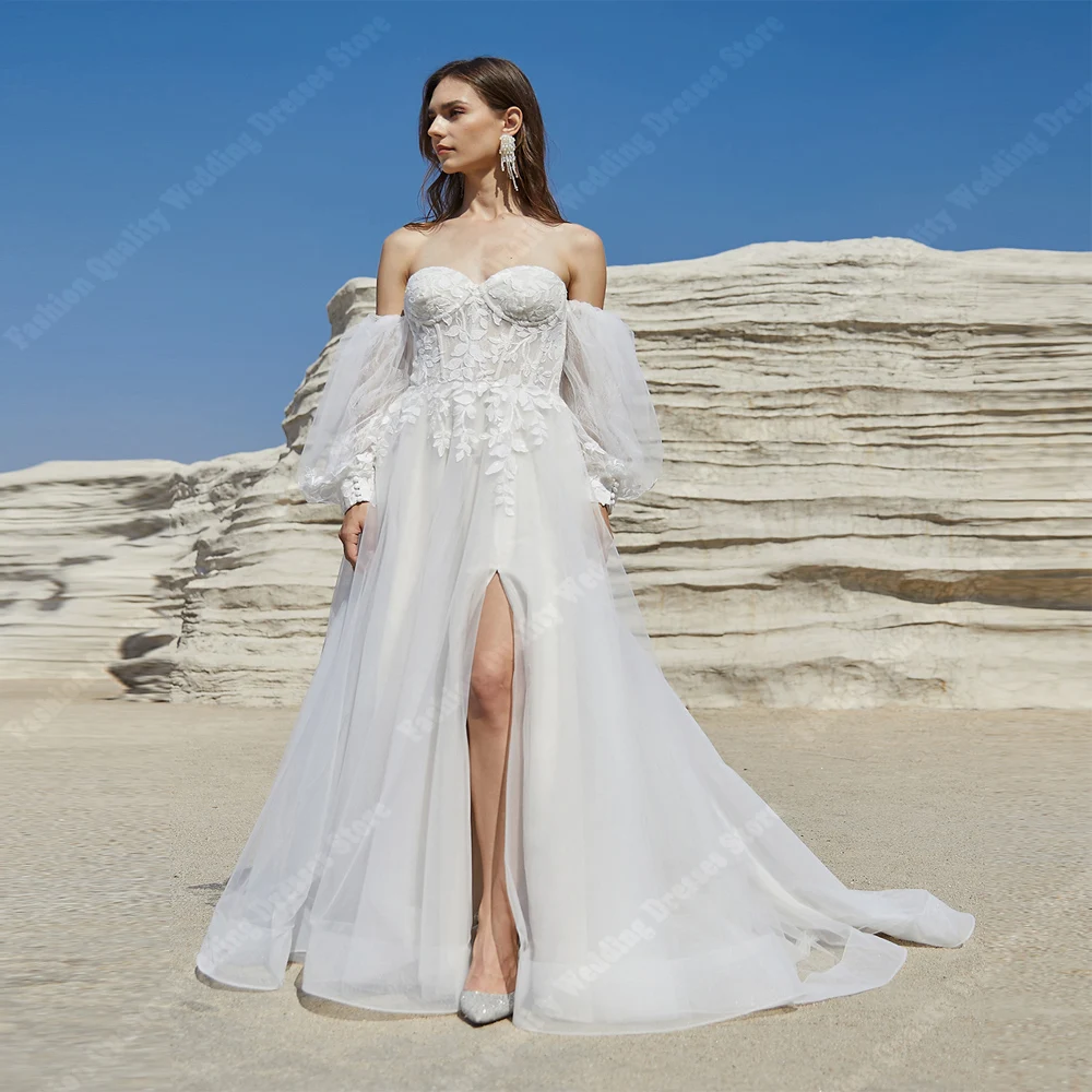 Elegante Witte Vrouwen Trouwjurken Off Shoulder Lange Mouwen Kanten Applique Bruidsjurken Op Maat Gemaakte Klassieke Vestidos De Noiva