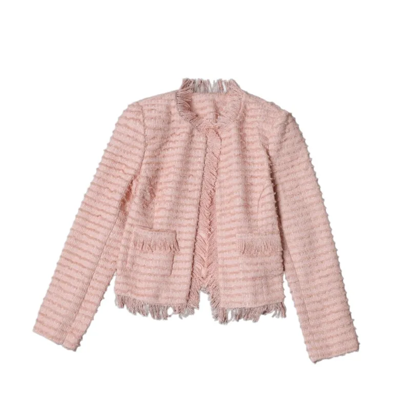 

Elegant Pink Tassel Fringe Blazer Women's Small Fragrance Style Cropped Jacket Spring Autumn Solid Color Woven Top