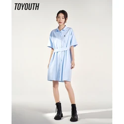 Toyouth Women Shirt Dress 2023 Summer Short Sleeve Polo Neck with Buttons H-shape Loose Embroidery Preppy Style Blue Skirt