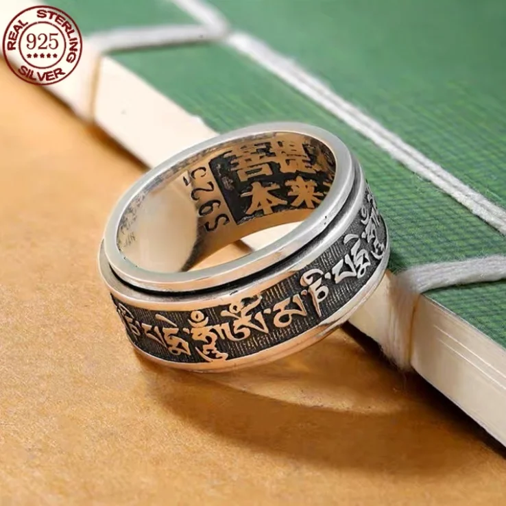 

Real 925 Sterling Silver Vintage Rings For Men Rotatable Tibetan Six Words Mantra Rings Om Mani Padme Hum Buddhist Jewelry
