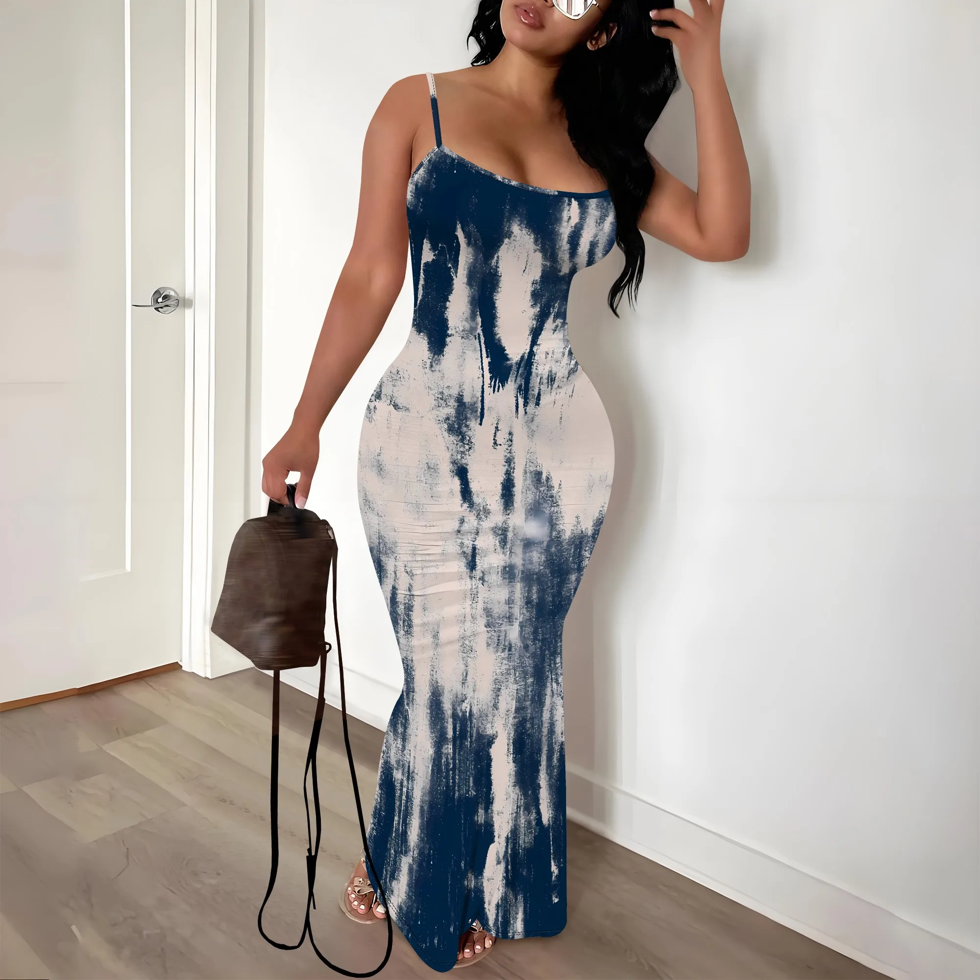 

Nupusa Standard Size Maxi Dress Tie Dye Print Spaghetti Strap Bodycon Dress