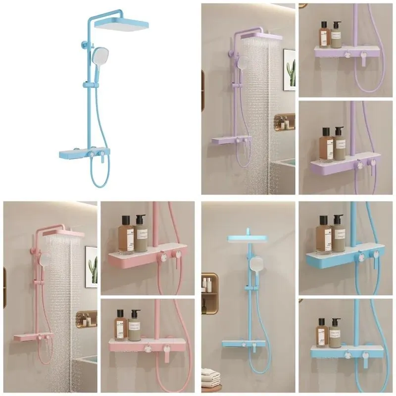 Green Shower Set with Colored Head Large Storage Rack Complete Home System Hot Cold Water Pressurized Function