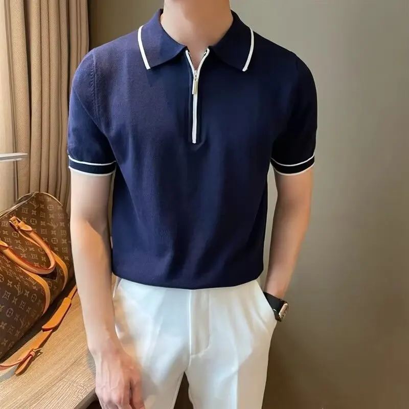 Summer Color-Block Half-Zip Ice Silk Lapel Slim Short Sleeve Knit Polo Shirt Men's Business Casual Top