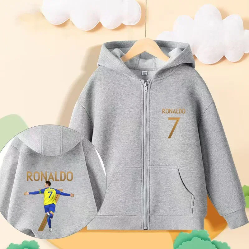 Football star Ronaldo, children\'s hoodie, zip up shirt, casual and fashionable style for boys and girls aged 3-14