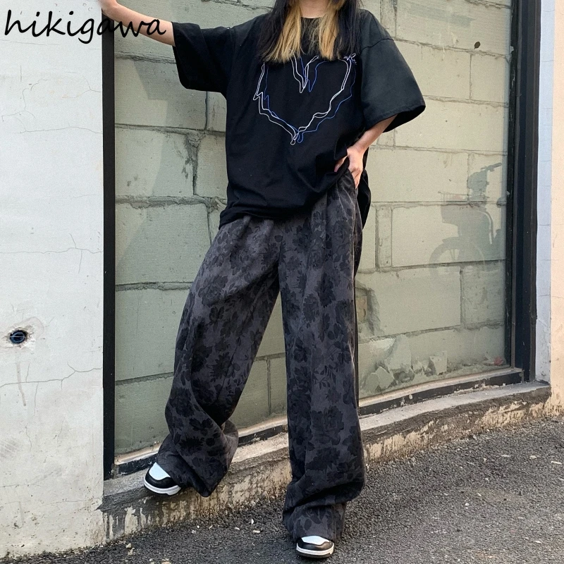 Harajuku Wide Leg Pants for Women Streetwear BF Floral Vintage Trousers Y2k Clothes High Waist Straight Hip-hop Korean Pantalon